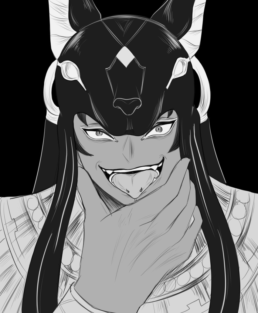 1boy absurdres ancient_egyptian ancient_egyptian_clothes animal_head anubis_(shuumatsu_no_valkyrie) armlet chin_piercing collarbone dark-skinned_male dark_skin face_piercing fangs greyscale hand_on_chin hand_on_own_chin helmet highres jackal_boy jewelry looking_at_viewer male_focus monochrome muscular muscular_male open_mouth pectorals piercing shuumatsu_no_valkyrie solo tongue tongue_out tongue_piercing upper_body usekh_collar