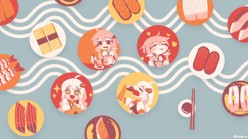+_+ 2girls ahoge alternate_eye_color black_eyes blue_background braid chibi chopsticks collared_shirt commission criss-cross_halter cross_tie detached_sleeves dress eating excited fingerless_gloves fish_(food) food foodgasm furrowed_brow gloves gunkanmaki hair_ornament halterneck heart ikura_(food) kizuna_akari long_hair low_twin_braids multiple_girls multiple_views my11gum open_mouth orange_gloves own_hands_together palms_together pinafore_dress puffy_short_sleeves puffy_sleeves purple_hair red_eyes shirt short_hair_with_long_locks short_sleeves sidelocks skeb_commission sleeveless sleeveless_dress smile sparkle sushi twin_braids twitter_username vocaloid voiceroid white_hair yuzuki_yukari