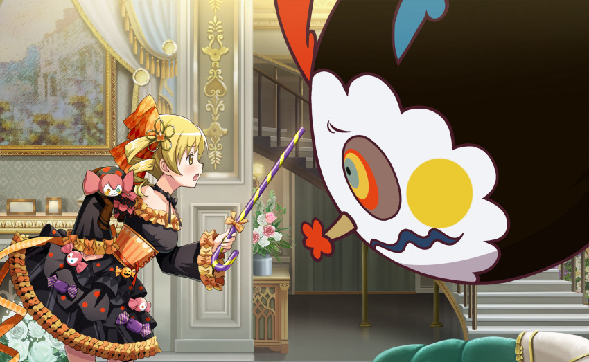 1girl annoyed argyle_bow artist_request bare_shoulders black_bow black_bowtie black_choker black_dress blonde_hair bow bow_choker bowtie candy candy_cane charlotte_(madoka_magica) choker corset couch cowboy_shot creature creature_on_shoulder cross-laced_clothes cross-laced_corset curtains dress drill_hair fireplace flower flower_hairpin food frilled_dress frilled_sleeves frills from_side furrowed_brow game_cg hair_bow halloween hand_on_own_hip highres holding holding_candy holding_candy_cane holding_food indoors leaning_forward light_blush living_room long_sleeves looking_at_creature mahou_shoujo_madoka_magica mahou_shoujo_madoka_magica_magia_exedra medium_hair off-shoulder_dress off_shoulder official_alternate_costume official_art on_shoulder open_mouth orange_bow orange_corset painting_(object) pink_flower pink_rose pointy_nose polka_dot polka_dot_dress red_ribbon ribbon rose scolding short_dress side_ponytail stairs standing tareme tomoe_mami tomoe_mami_(bebe-o&#039;-lantern) vase vertical-striped_corset waist_ribbon white_flower white_rose wide_sleeves witch_(madoka_magica) yellow_eyes