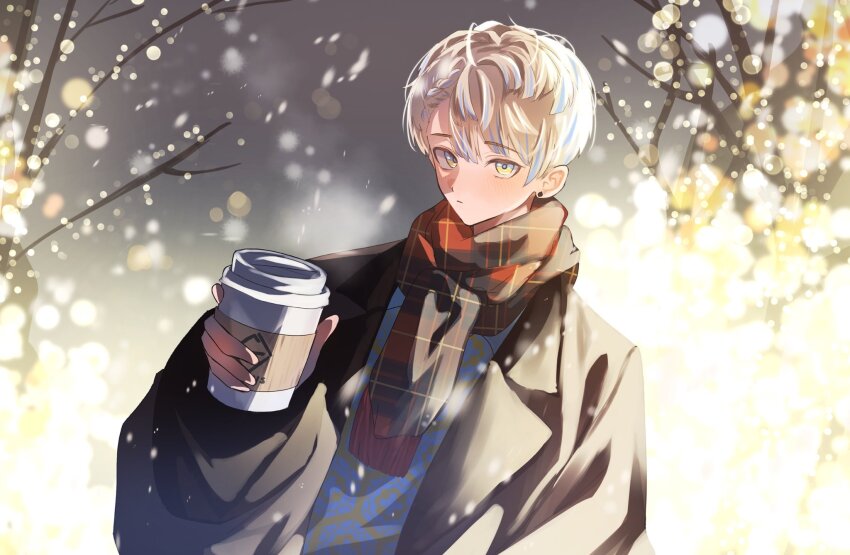 1boy arm_up bare_tree black_coat blonde_hair blue_hair blush closed_mouth coat commentary_request cup disposable_coffee_cup disposable_cup earrings hair_between_eyes hibachi_mana highres holding holding_cup jewelry kabu_mzk lapels light_particles long_sleeves looking_to_the_side male_focus multicolored_hair nijisanji notched_lapels open_clothes open_coat outdoors patterned_clothing piercing plaid_clothes plaid_scarf red_scarf scarf shirt sideways_glance snowing solo streaked_hair stud_earrings tree upper_body virtual_youtuber winter