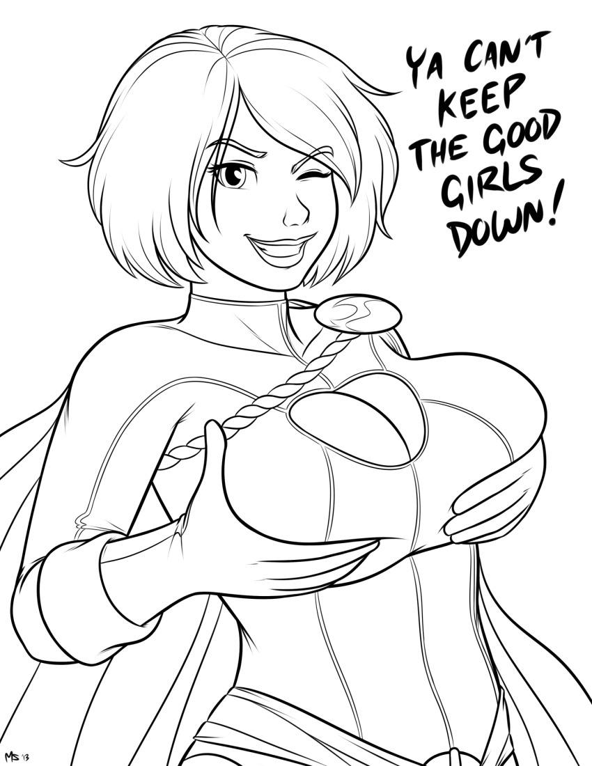 2013 breasts cleavage_cutout clothing_cutout dc_comics english_text grabbing_own_breast greyscale highres large_breasts megasweet monochrome one_eye_closed photoshop_(medium) power_girl