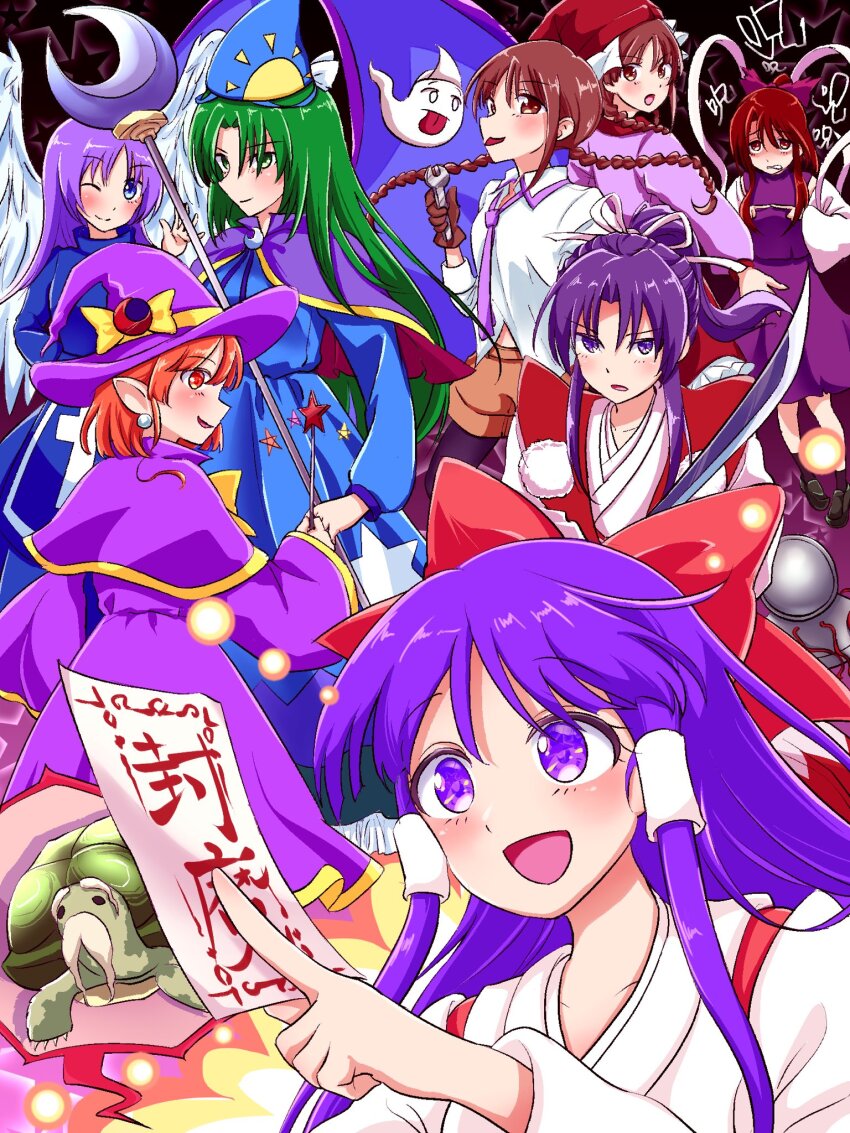 1boy 2others 6+girls :d angel_wings apron bakebake_(touhou) black_pantyhose blue_apron blue_dress blush bow brown_eyes brown_gloves brown_hair brown_shorts cape capelet danmaku dress ex-rika feathered_wings genjii_(touhou) ghost gloves green_eyes green_hair hair_bow hair_tubes hakurei_reimu hakurei_reimu_(pc-98) happy hat hat_bow highres holding holding_ofuda holding_sword holding_wand holding_weapon holding_wrench japanese_clothes kataginu katana kimono kirisame_marisa kirisame_marisa_(pc-98) long_hair long_sleeves loose_necktie matenshi_(touhou) meira_(touhou) mima_(touhou) multiple_girls multiple_others necktie noroiko ofuda one_eye_closed open_mouth pantyhose pink_shirt pointy_ears pom_pom_(clothes) purple_cape purple_capelet purple_dress purple_eyes purple_hair purple_hat red_bow red_eyes red_hair red_hat red_sash rika_(touhou) sash shimalice shirt short_hair shorts sidelocks smile staff star_(symbol) star_wand story_of_eastern_wonderland sun_print sword the_5_magic_stones_(touhou) touhou touhou_(pc-98) very_long_hair wand wavy_hair weapon white_kimono white_shirt white_wings wide_sleeves wings witch_hat wizard_hat wrench yellow_bow