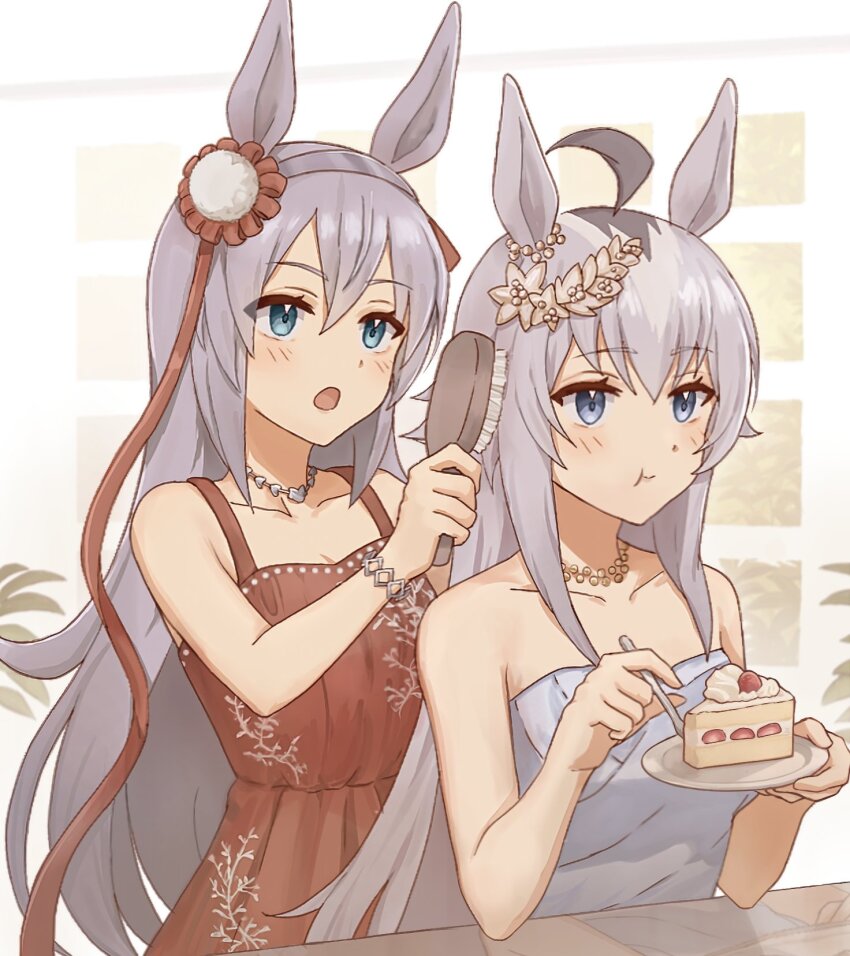 2girls ahoge animal_ears bare_shoulders blue_eyes blush bracelet breasts brushing_another&#039;s_hair brushing_hair cake cake_slice closed_mouth collarbone dress ear_ornament eating food fork grey_dress grey_hair grey_hairband hair_between_eyes hair_brush hair_ornament hairband headband highres holding holding_fork holding_hair_brush holding_plate horse_ears horse_girl jewelry long_hair multiple_girls necklace oguri_cap_(umamusume) open_mouth plate red_dress sleeveless sleeveless_dress smile strapless strapless_dress taa_in1 tamamo_cross_(umamusume) umamusume umamusume:_cinderella_gray very_long_hair