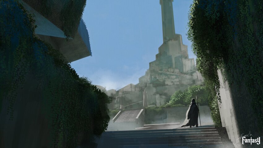 1other absurdres blue_sky broken_statue cape day facing_away fantasy fog highres holding holding_staff hood hood_up hooded_cape original plant ruins scenery signature sky solo sonech staff stairs standing statue tower vines wide_shot