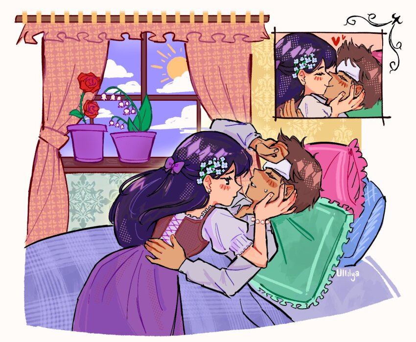 1boy 1girl alternate_costume alternate_hair_color arm_up artist_name bed black_eyes blanket bow bracelet cold_pack curtains dark-skinned_male dark_skin ear_piercing flower flower_pot hair_bow hair_flower hair_ornament heart hero_(faraway)_(omori) hero_(omori) indoors jewelry kiss mari_(faraway)_(omori) mari_(omori) omori on_bed pajamas parted_lips piercing pillow plant potted_plant purple_bow purple_hair short_sleeves sun ullilya1 under_covers window