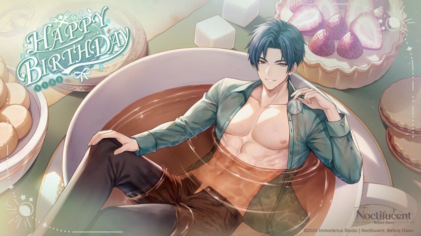 1boy abs artist_request black_pants blue_hair blue_shirt commentary copyright_name copyright_notice cup dated english_commentary food happy_birthday highres looking_up male_focus monocle monocle_removed navel nipples noctilucent:_before_dawn official_art open_clothes open_shirt pants pectorals shirt smile tart_(food) tea teacup toned toned_male xiel_(noctilucent)