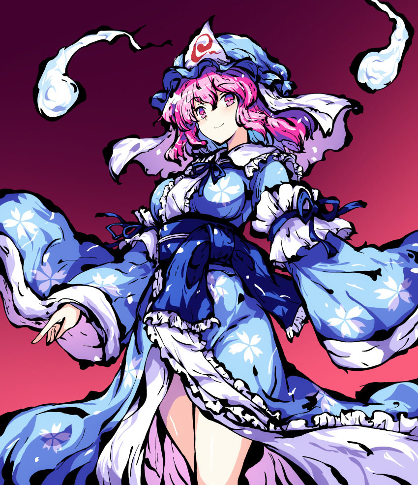 1girl absurdres blue_hat blue_kimono blue_ribbon breasts closed_mouth commentary frilled_kimono frills gradient_background hat highres hitodama japanese_clothes kimono long_sleeves looking_at_viewer mob_cap neck_ribbon petal_print pink_eyes pink_hair pioartstuff print_kimono red_background ribbon saigyouji_yuyuko sleeve_garter smile solo touhou triangular_headpiece wide_sleeves
