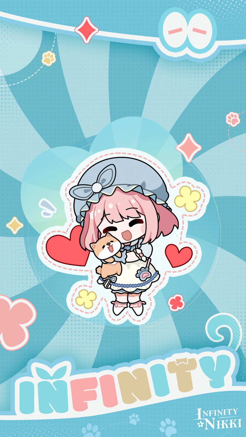1girl ^_^ animal animal_hug apron artist_request ascot blue_background blue_bow blue_gloves blue_hat blue_outline blue_ribbon blue_shirt blue_shorts blush_stickers bow bow_legwear brooch bye-bye_dust_(infinity_nikki) chibi closed_eyes collared_shirt copyright_name dog dotted_line floof_(infinity_nikki) flower frilled_gloves frilled_headwear frilled_sleeves frills gloves halftone happy hat hat_bow heart highres holding holding_animal holding_dog infinity_nikki jewelry kneehighs looking_at_viewer medium_hair mob_cap nikki_(series) no_shoes notice_lines official_art official_wallpaper open_mouth outline paw_print pink_bow pink_hair pocket pom_pom_hat_ornament puffy_short_sleeves puffy_sleeves ribbon second-party_source shiba_inu shirt short_sleeves shorts sleeve_bow smile socks solo sparkle standing white_apron white_ascot white_bow white_socks yellow_flower