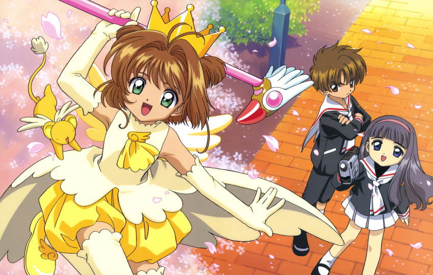 1990s_(style) 1boy 2girls :d absurdres antenna_hair black_hair black_pants black_shirt black_shoes blue_eyes brick_road brown_eyes brown_hair bubble_skirt camcorder camera cardcaptor_sakura cherry_blossoms closed_mouth creature crossed_arms crown daidouji_tomoyo dot_nose elbow_gloves fujita_mariko fuuin_no_tsue gloves gold_crown green_eyes hair_intakes hairband highres holding holding_camera holding_wand kero_(cardcaptor_sakura) kinomoto_sakura kinomoto_sakura_(miraculous_sakura) li_syaoran long_hair looking_at_another looking_at_viewer magical_girl multiple_girls official_art open_mouth outdoors pants petals pink_hairband pink_petals pleated_skirt pointed_crown retro_artstyle sailor_collar scan school_uniform shirt shoes short_hair skirt sleeveless sleeveless_shirt smile socks standing thighhighs tomoeda_elementary_school_uniform tomoeda_middle_school_uniform two_side_up video_camera wand white_gloves white_sailor_collar white_skirt white_socks white_thighhighs yellow_shoes yellow_skirt