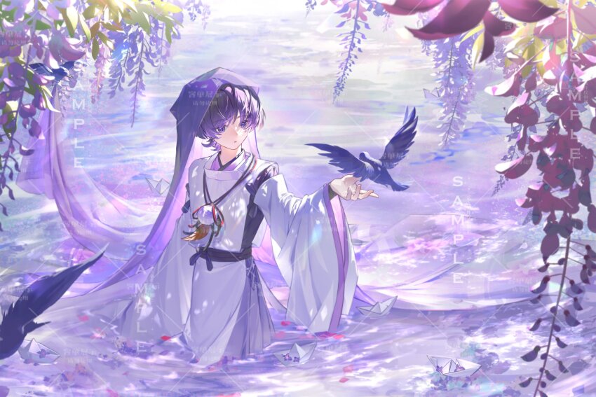 1boy absurdres arm_up bird commentary_request flower from_side genshin_impact hair_between_eyes hashtag-only_commentary highres image_sample japanese_clothes jewelry long_sleeves looking_to_the_side lu_bai_(lugugu99) necklace open_mouth outdoors purple_background purple_eyes purple_hair purple_veil sample_watermark scaramouche_(genshin_impact) scaramouche_(kabukimono)_(genshin_impact) short_hair solo standing twitter_sample veil wading water watermark wide_sleeves wisteria