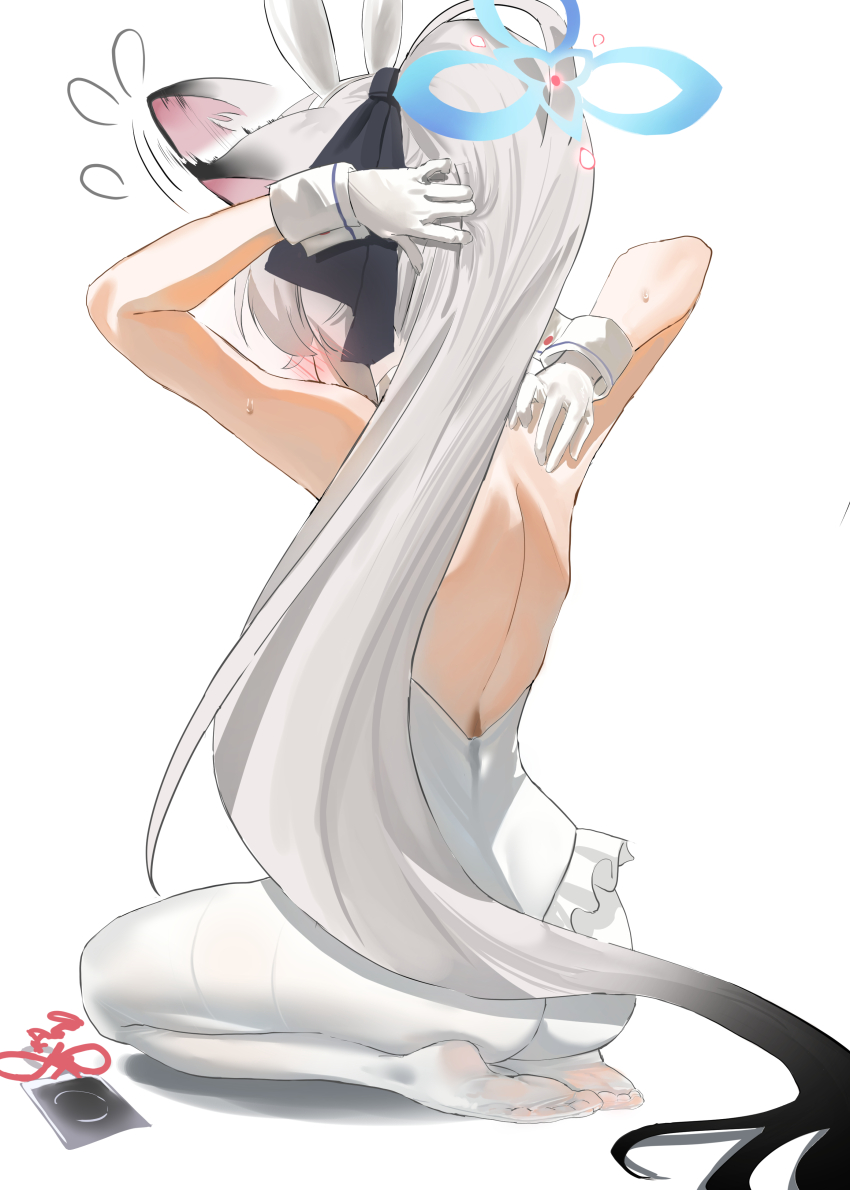 1girl absurdres animal_ear_hairband animal_ears bare_shoulders blue_archive blue_halo blush bow ear_wiggle fake_animal_ears flying_sweatdrops gloves hairband halo haoma highres kokona_(blue_archive) leotard long_hair motion_lines pantyhose playboy_bunny ponytail rabbit_ear_hairband rabbit_ears seiza simple_background sitting solo sweat white_background white_gloves white_hair white_hairband white_leotard white_pantyhose