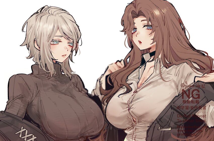 2girls :o adjusting_clothes averting_eyes black_choker black_jacket black_vest blue_eyes breasts brown_hair button_gap choker cleavage collared_shirt colored_eyelashes curtained_hair faust_(project_moon) hands_up jacket large_breasts limbus_company long_hair looking_at_viewer medium_hair multiple_girls off-shoulder_jacket off_shoulder partially_unbuttoned project_moon rodion_(project_moon) shirt simple_background sweater turtleneck turtleneck_sweater upper_body vest vx7givcony78710 white_background white_eyelashes white_hair white_shirt
