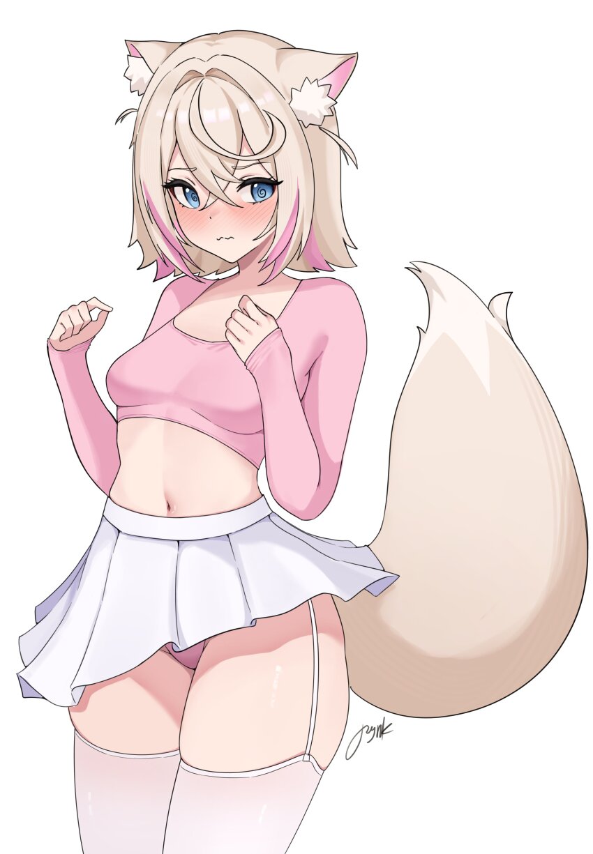1girl @_@ absurdres animal_ear_fluff animal_ears blonde_hair blue_eyes blush breasts dog_ears dog_girl dog_tail garter_straps hair_between_eyes highres hololive hololive_english looking_to_the_side medium_hair midriff miniskirt mococo_abyssgard multicolored_hair panties pink_panties pink_shirt pynkmouth shirt skirt small_breasts solo stomach tail thighhighs thighs two-tone_hair underwear wavy_mouth white_background white_shirt