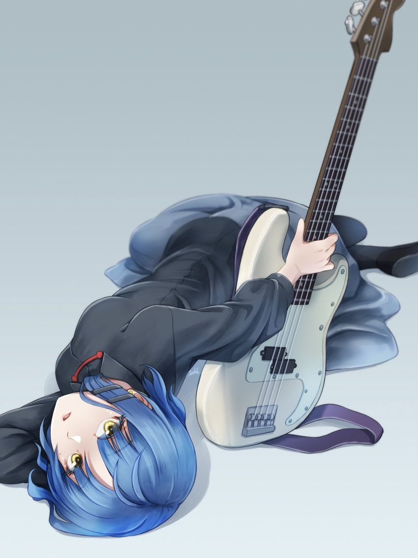 1girl bass_guitar black_footwear black_shirt black_skirt blue_background blue_hair bocchi_the_rock! breasts collared_shirt electric_guitar fender_precision_bass guitar highres holding holding_instrument instrument ivuki lying medium_breasts mole mole_under_eye on_side shirt short_hair skirt yamada_ryo yellow_eyes