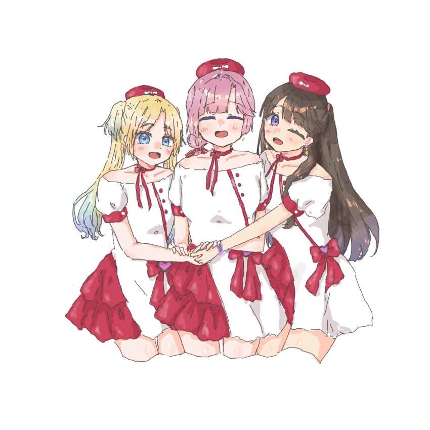 3girls :d ;d ^_^ anyoji_hime bare_shoulders blonde_hair blue_eyes blue_hair blunt_bangs blush breasts brown_hair choker closed_eyes collarbone commentary dress flower frilled_dress frills fujishima_megumi girl_sandwich gradient_hair hair_flower hair_intakes hair_ornament hair_ribbon highres holding_hands light_blue_hair link!_like!_love_live! long_hair looking_at_viewer love_live! medium_breasts mira-cra_park! miracreation/elegance multi-tied_hair multicolored_hair multiple_girls off-shoulder_dress off_shoulder official_alternate_costume one_eye_closed open_mouth osawa_rurino parted_bangs pink_flower pink_hair ponytail purple_eyes red_choker red_ribbon ribbon ribbon_choker sandwiched short_dress sidelocks simple_background skp1cnqfehmpasi smile swept_bangs twintails two_side_up virtual_youtuber white_background white_dress