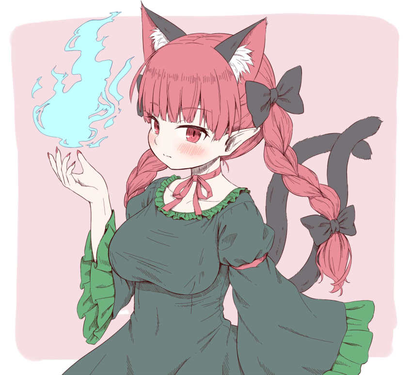 1girl animal_ear_fluff animal_ears arinu black_bow blue_fire blunt_bangs blush bow braid breasts cat_ears cat_tail choker commentary dress duplicate expressionless extra_ears fingernails fire frills green_dress hair_bow hair_ribbon hand_up highres hitodama juliet_sleeves kaenbyou_rin large_breasts long_hair long_sleeves looking_at_viewer multiple_tails nail_polish neck_ribbon nekomata pink_background pixel-perfect_duplicate pointy_ears puffy_sleeves red_background red_eyes red_hair red_nails red_ribbon ribbon ribbon_choker sharp_fingernails simple_background slit_pupils solo tail touhou tress_ribbon twin_braids twintails two_tails upper_body wide_sleeves