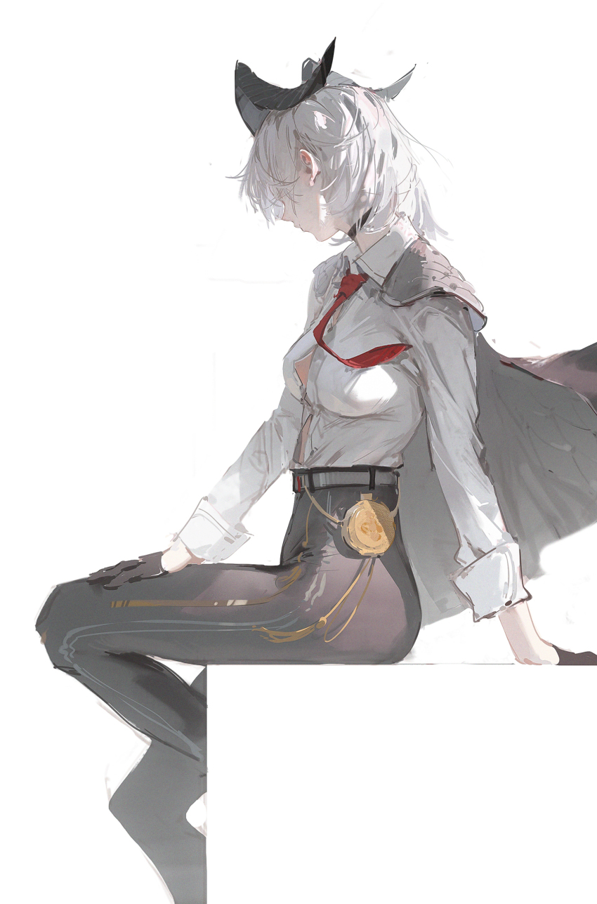 1girl black_choker black_gloves black_horns black_jacket black_pants button_gap choker collared_shirt commentary curled_horns dino_(dinoartforame) from_side gloves highres horns jacket jacket_on_shoulders necktie pants red_necktie shirt simple_background sitting solo white_background white_hair white_shirt wuthering_waves zani_(wuthering_waves)