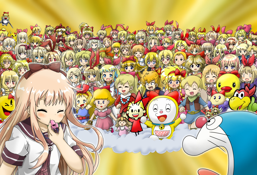 2boys 6+girls :3 :d ;d ^_^ absolute_duo absolutely_everyone absurdly_detailed_composition accessory_connection aikatsu! aikatsu!_(series) aino_minako akazukin_chacha alice_(alice_sos) alice_blanche alice_sos amae_koromo annaka_haruna annotation_request antenna_hair anyamal_tantei_kirumin_zoo arisugawa_yuuhi arms_at_sides ashita_no_nadja ayase_kaori bell bishoujo_senshi_sailor_moon blonde_hair blue_eyes blush blush_stickers bow braid brown_bow brown_sailor_collar castlevania:_rondo_of_blood castlevania_(series) character_request chargeman_ken! charlotte_tiger chouno_otome closed_eyes color_connection commentary_request connie_(doraemon) copyright_request crossover disgaea dokidoki!_precure doraemon doraemon_(character) dorami dr._slump dragon_ball dragon_ball_(classic) dress dust_cloud elis_(touhou) elizabeth_(akazukin_chacha) ellen_(touhou) embodiment_of_scarlet_devil emilia_(houkago_saikoro_club) engage_links eromanga_sensei everyone facing_viewer fairchild flonne gamble_fish gengetsu_(touhou) gloves goliath_doll green_gloves gundam hair_bow hair_color_connection hair_ribbon hairband hand_on_own_hip hand_up hands_up hatori_kanon hatsukoi_rail_trip hayate_no_gotoku! highres hime-chan_no_ribbon himesaka_noa hoshimiya_ichigo houkago_saikoro_club hourai_doll ikoku_meiro_no_croisee imarine imarine_project itoshii_kanojo_no_mamorikata izumi_caron jeanie_macdowell jewelry jingle_bell juuoumujin_no_fafnir kamikita_keiko kaze_no_naka_no_shoujo_kinpatsu_no_jeanie kikka_kitamoto kimidori_akane kirby_(series) kirby_mass_attack kiriga_mako kirisaki_chitoge koi_koi_7 kokura_hikari kono_bijutsubu_niwa_mondai_ga_aru! koopa_bros. lilith_bristol lisa_highwalker long_hair long_sleeves look-alike looking_at_another looking_at_viewer luna_platz_(mega_man) lunch_(bad)_(dragon_ball) lunch_(dragon_ball) mahjong_soul makai_senki_disgaea mangirl! maria_renard marihei64ds marin_(umi_monogatari) marina_lir_violia mario_(series) medicine_melancholy mega_man_(series) mega_man_star_force_(series) mikami_chiori miyazawa_mikage mobile_suit_gundam montmorency_margarita_la_fere_de_montmorency mother_(series) mother_2 ms._pac-man multiple_boys multiple_crossover multiple_girls multiple_persona muteki_choujin_zambot_3 nagano_electronics nanamori_school_uniform neck_bell necklace nichijou nintendo nisekoi nishijima_ringo nonohara_himeko one_eye_closed open_mouth outfit_connection pac-man_(game) paper_mario paper_mario_64 partially_annotated paula_(mother_2) phantasmagoria_of_dim.dream pink_bow pink_dress piyochan ponytail precure red_bow red_dress red_eyes red_hairband red_ribbon regina_(dokidoki!_precure) ribbon ribbon_(ribbon_citron) ribbon_citron rifle_is_beautiful rosemary_applefield rumia running_towards_viewer saeki_ritsuka sailor_collar saint_seiya saint_seiya_omega saki_(manga) sasuga_no_sarutobi school_uniform selene_(saint_seiya_omega) shanghai_doll shishidou_mika short_hair short_sleeves smile sousai_shoujo_teien su-san tappy_(kirby) tennousu_athena thumbs_up tokisadame_school_uniform too_many toshinou_kyouko touhou touhou_(pc-98) trait_connection umi_monogatari very_long_hair watashi_ni_tenshi_ga_maiorita! waving whiskers whistle yamada_elf yellow_background yuruyuri zero_no_tsukaima