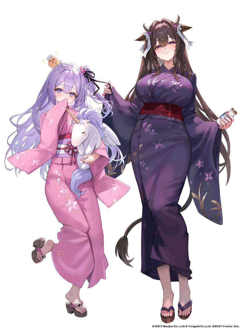 2girls absurdres ahoge animal_ears azur_lane blush bottle breasts brown_hair closed_mouth commentary_request cow_ears cow_girl cow_horns feet floral_print freng full_body hair_between_eyes hair_intakes hair_ribbon high_side_ponytail highres holding holding_bottle holding_stuffed_toy horns huge_breasts japanese_clothes kashino_(azur_lane) kimono long_hair looking_at_viewer manjuu_(azur_lane) milk milk_bottle multiple_girls obi official_art okobo one_side_up pink_kimono platform_sandals purple_eyes purple_hair purple_kimono ribbon sandals sash simple_background smile standing stuffed_animal stuffed_toy toes unicorn_(azur_lane) very_long_hair white_background yukata