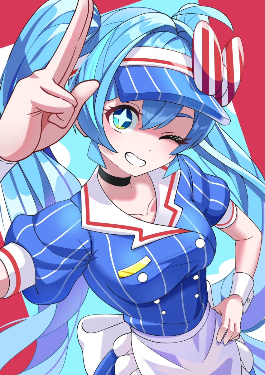 1girl alternate_costume apron arm_up black_choker blue_background blue_eyes blue_hair blue_hat bow breasts buttons choker collarbone commentary diagonal-striped_bow double-breasted dress from_above hair_between_eyes hand_on_own_hip hat hatsune_miku highres impossible_clothes impossible_dress long_hair looking_at_viewer medium_breasts mesmerizer_(vocaloid) one_eye_closed pinstripe_dress pinstripe_hat pinstripe_pattern pwgp6_tomato red_background red_bow salute solo star-shaped_pupils star_(symbol) striped_bow symbol-only_commentary symbol-shaped_pupils twintails two-finger_salute two-tone_bow very_long_hair visor_cap vocaloid waist_apron white_apron white_bow white_wrist_cuffs wrist_cuffs