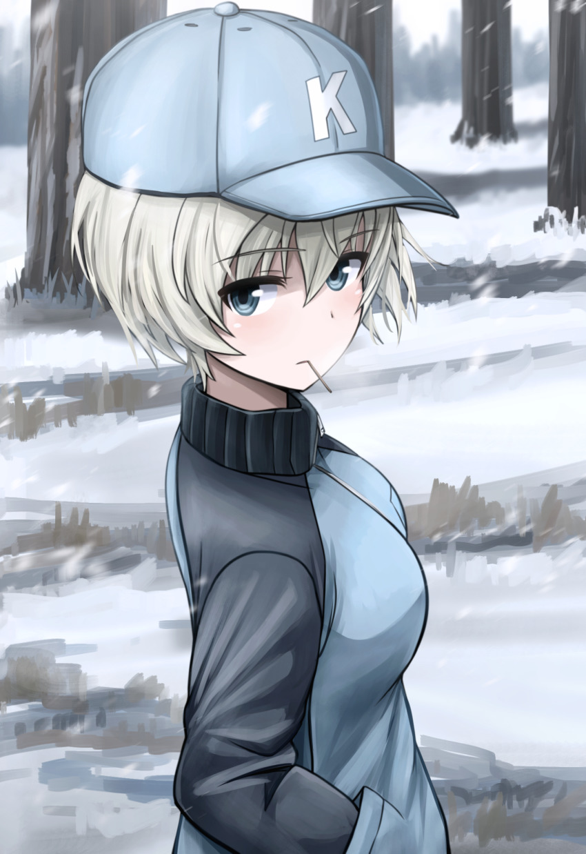 1girl baseball_cap blue_eyes blue_hat blue_jacket closed_mouth commentary day girls_und_panzer hand_in_pocket hat highres jacket keizoku_military_uniform kk90 light_frown long_sleeves looking_at_viewer military military_uniform mouth_hold outdoors raglan_sleeves short_hair silver_hair snow solo standing toothpick track_jacket tree upper_body youko_(girls_und_panzer)