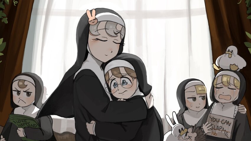 5girls :&lt; animal_ears bird blonde_hair blue_eyes brown_eyes brown_hair bunny_nun_(diva) chicken closed_eyes clumsy_nun_(diva) commentary crying diva_(hyxpk) duck duck_on_head english_commentary froggy_nun_(diva) glasses glasses_nun_(diva) grey_hair habit hair_ornament hedgehog highres hug little_nuns_(diva) multiple_girls nun pet_shaming rabbit_ears rabbit_hair_ornament round_eyewear sign sign_around_neck slice_of_life spicy_nun_(diva) traditional_nun