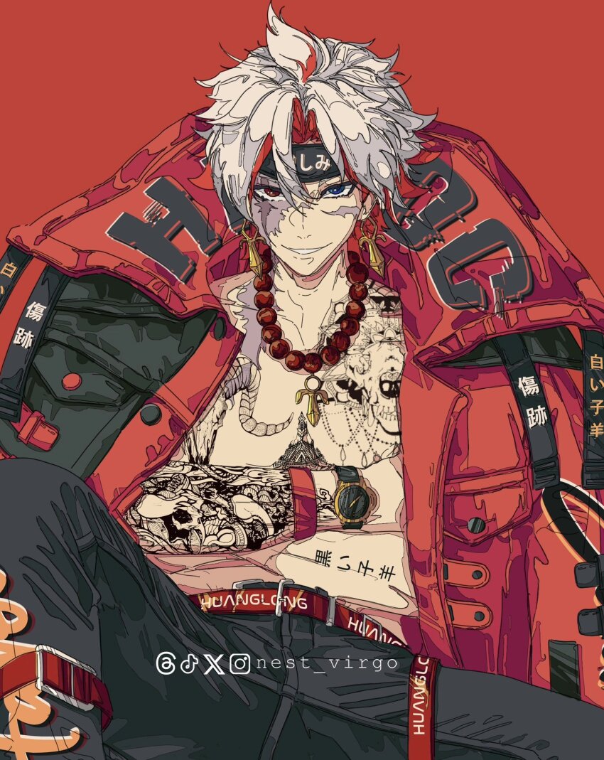 1boy bead_necklace beads belt denim headband heterochromia highres jacket jeans jewelry necklace nest_virgo pants red_belt red_jacket scar_(wuthering_waves) short_hair smile solo tattoo teeth v-shaped_eyebrows watch white_hair wuthering_waves