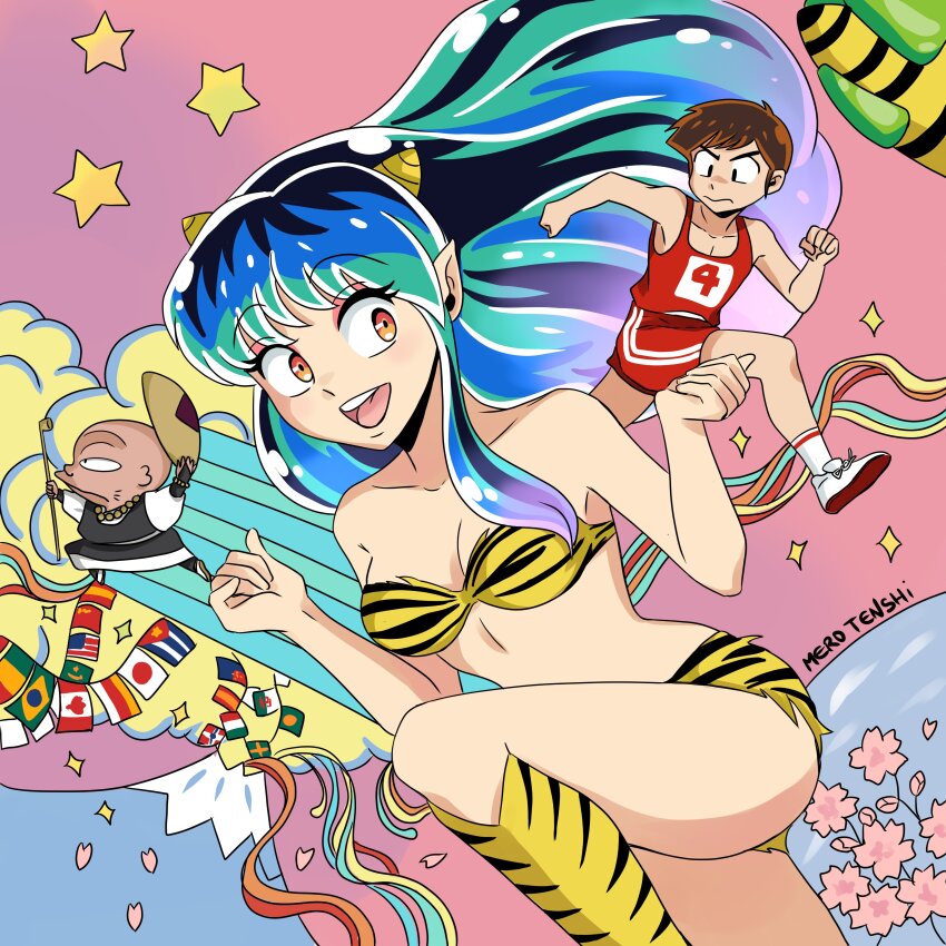 1girl :d absurdres animal_print aqua_hair artist_name bald bare_shoulders bikini brown_hair cherry_(urusei_yatsura) cherry_blossoms collarbone commentary cone_horns english_commentary eyeshadow flower frown fur_bikini hashtag-only_commentary highres horns long_hair lum makeup merotenshi moroboshi_ataru official_style old old_man oni open_mouth pink_background pink_eyeshadow pink_flower pink_petals pointy_ears print_boots shoes sidelocks signature small_horns smile sportswear star_(symbol) strapless strapless_bikini string_of_flags striped_horns swimsuit tiger_panties tiger_print urusei_yatsura v-shaped_eyebrows white_shoes yellow_bikini yellow_horns