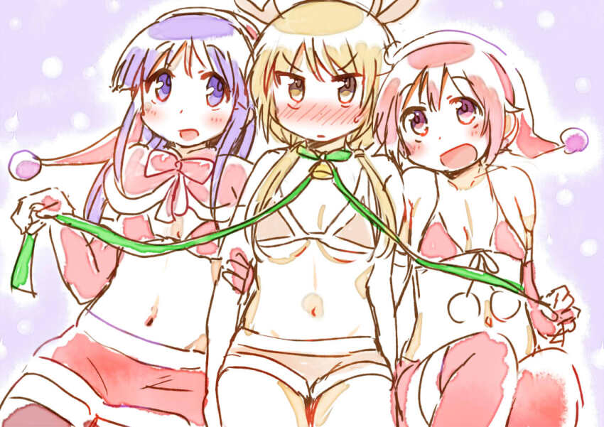 3girls christmas hinata_yukari ichii_yui multiple_girls navel nonohara_yuzuko tatsunokosso yuyushiki