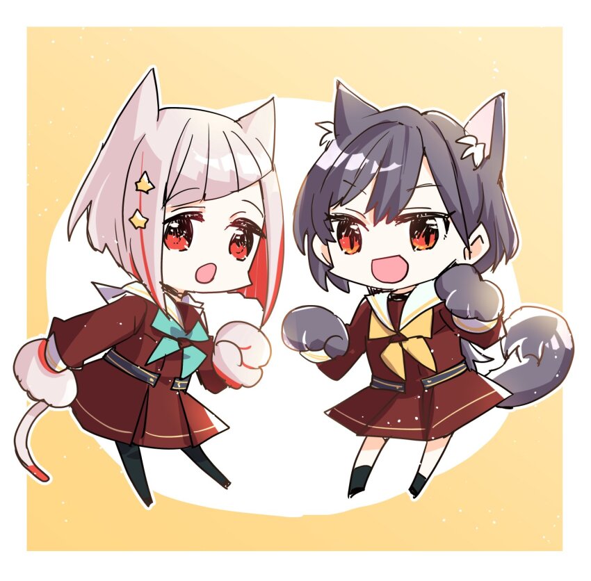 2girls animal_ears animal_hands aqua_neckerchief black_pantyhose black_socks bob_cut brown_dress cat_ears cat_girl cat_paws cat_tail chibi chibi_only commentary diagonal_bangs dress gloves gradient_background grey_hair hair_ornament hasu_no_sora_school_uniform height_connection highres inverted_bob kanduki_kamibukuro katsuragi_izumi kemonomimi_mode light_particles link!_like!_love_live! long_hair long_sleeves looking_at_viewer love_live! medium_dress multiple_girls neckerchief orange_eyes pantyhose paw_gloves pleated_dress red_eyes red_hair sailor_collar sailor_dress school_uniform short_hair socks standing star_(symbol) star_hair_ornament tail virtual_youtuber white_background white_sailor_collar winter_uniform wolf_ears wolf_girl wolf_paws wolf_tail yellow_background yellow_neckerchief yugiri_tsuzuri