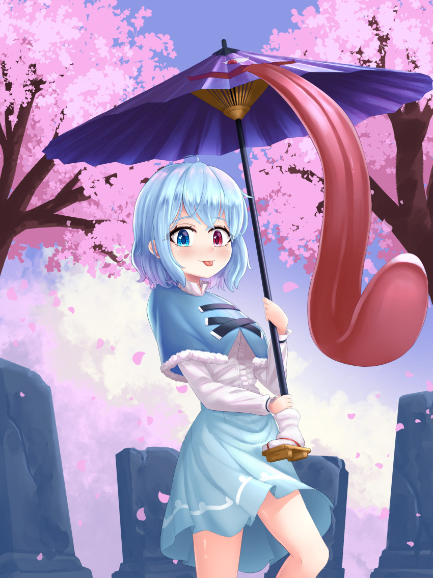 1girl absurdres blue_capelet blue_eyes blue_skirt capelet cherry_blossoms commentary cross-laced_clothes english_commentary feet_out_of_frame heterochromia highres holding holding_umbrella karakasa_obake looking_at_viewer outdoors purple_eyes purple_umbrella pygrenix shirt skirt solo tatara_kogasa tombstone tongue tongue_out touhou tree umbrella white_shirt wild_and_horned_hermit