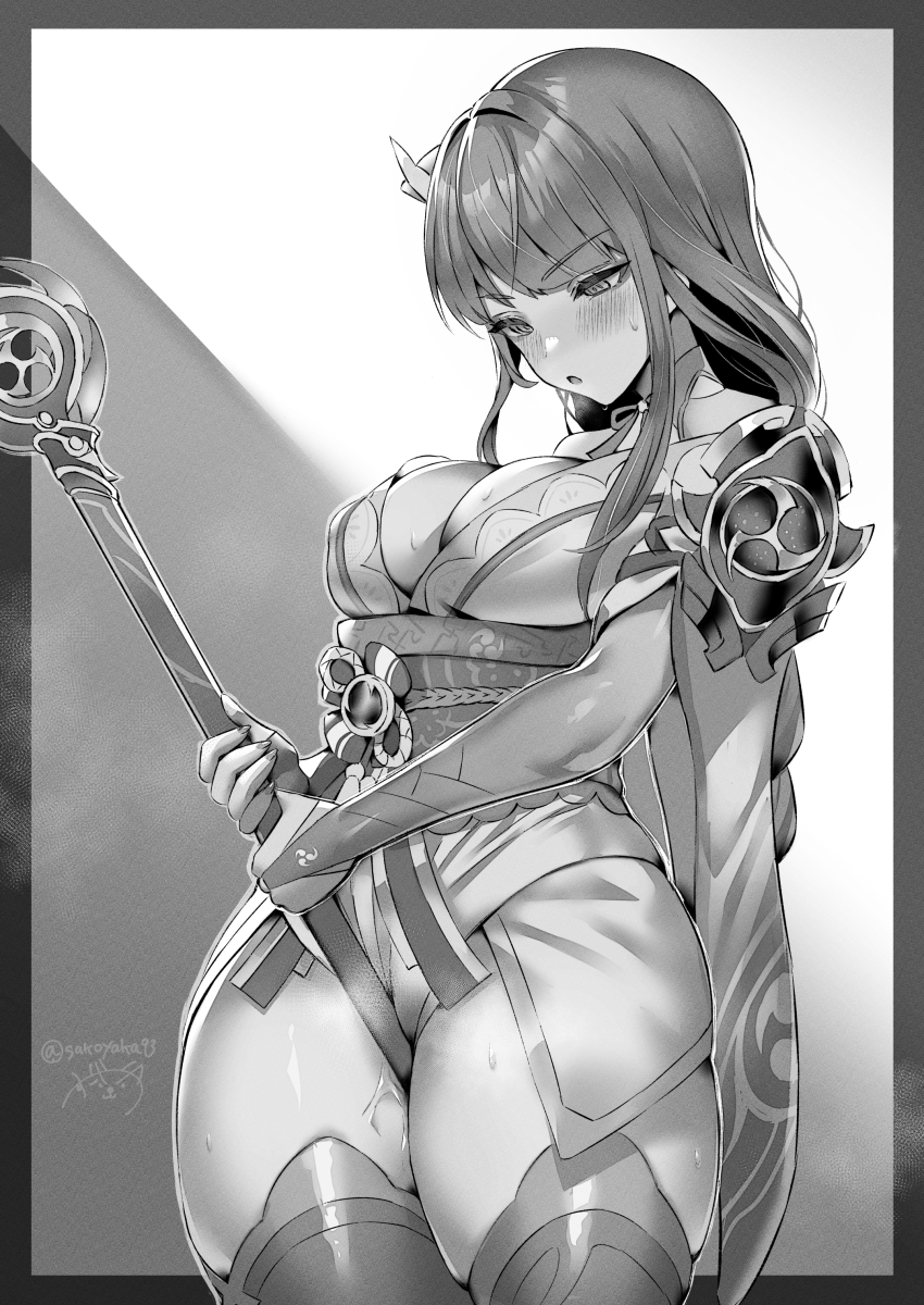 1girl absurdres between_thighs black_border border braid breasts bridal_gauntlets cleavage engulfing_lightning_(genshin_impact) female_masturbation genshin_impact grey_kimono greyscale hair_ornament highres holding holding_weapon japanese_clothes kimono large_breasts long_hair low-braided_long_hair low-tied_long_hair masturbation masturbation_through_clothes monochrome obi obiage obijime raiden_shogun sash solo sukoyaka93 sweat thighhighs tomoe_(symbol) weapon