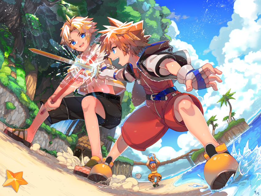 3boys :d ball beach black_shorts blitzball blonde_hair blue_sky brown_hair chain chain_necklace cloud cloudy_sky crown_necklace day fighting final_fantasy final_fantasy_x fingerless_gloves full-length_zipper gloves holding holding_ball holding_sword holding_weapon island jacket jewelry kingdom_hearts looking_at_another male_focus multiple_boys necklace ocean open_clothes open_jacket open_mouth orange_hair orange_pants osippo outdoors pants sand sandals shirt shoes short_hair short_sleeves shorts sky sleeveless sleeveless_shirt smile sora_(kingdom_hearts) spiked_hair starfish sword tidus tree wakka water waterfall weapon white_gloves white_jacket wide_sleeves wooden_sword yellow_shirt yellow_shoes zipper zipper_pull_tab
