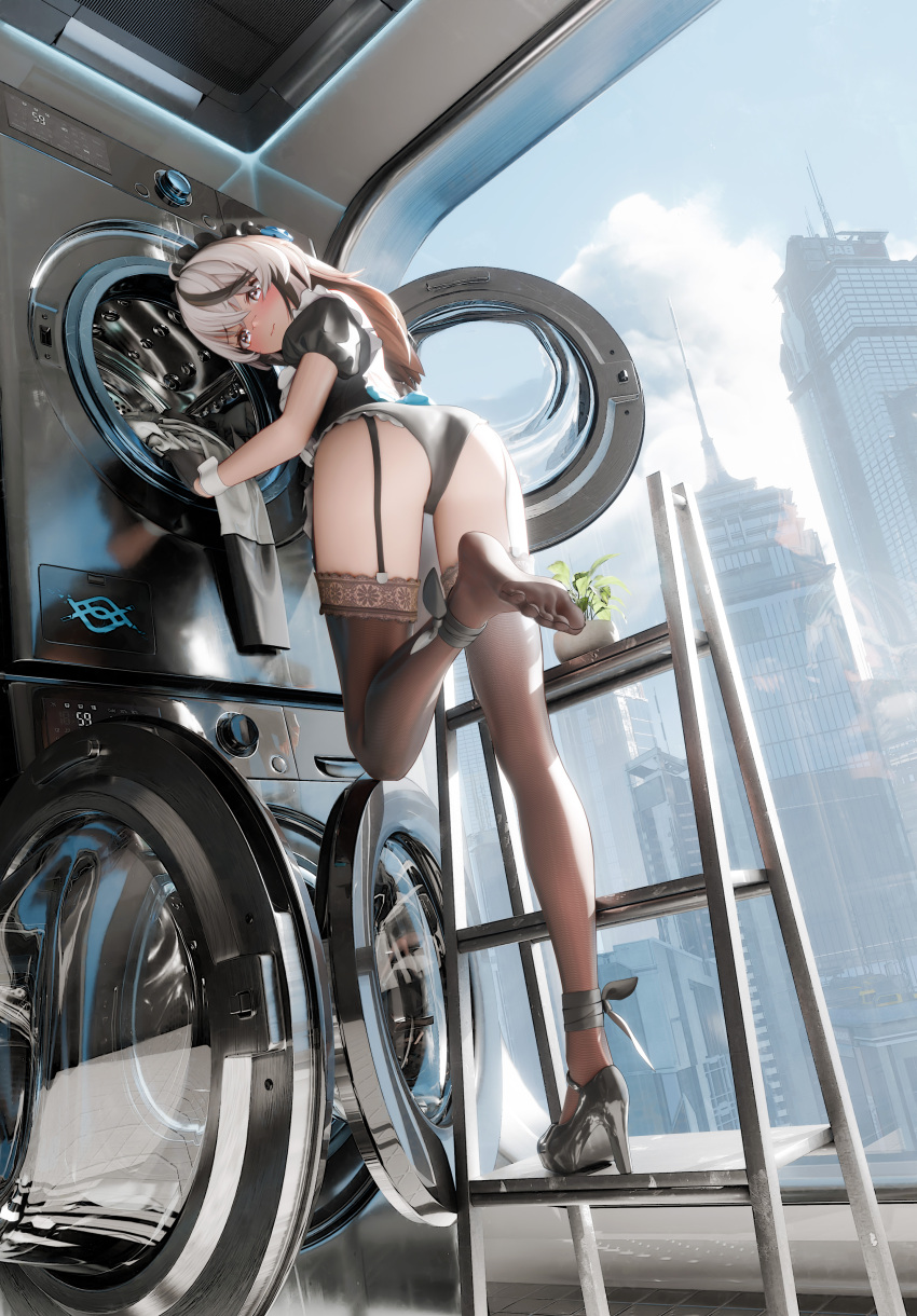 1girl absurdres ankle_ribbon ass black_hair black_panties black_thighhighs blush building cherno_kegaard city cloud cloudy_sky feet fine_fabric_emphasis from_behind garter_straps high_heels highres indoors ladder laundromat leg_ribbon long_hair looking_back maid maid_headdress mr_ito multicolored_hair on_ladder panties plant potted_plant ribbon shoes single_shoe sky skyscraper snowbreak:_containment_zone soles solo thighhighs toes underwear washing_machine wavy_mouth white_eyes white_hair window
