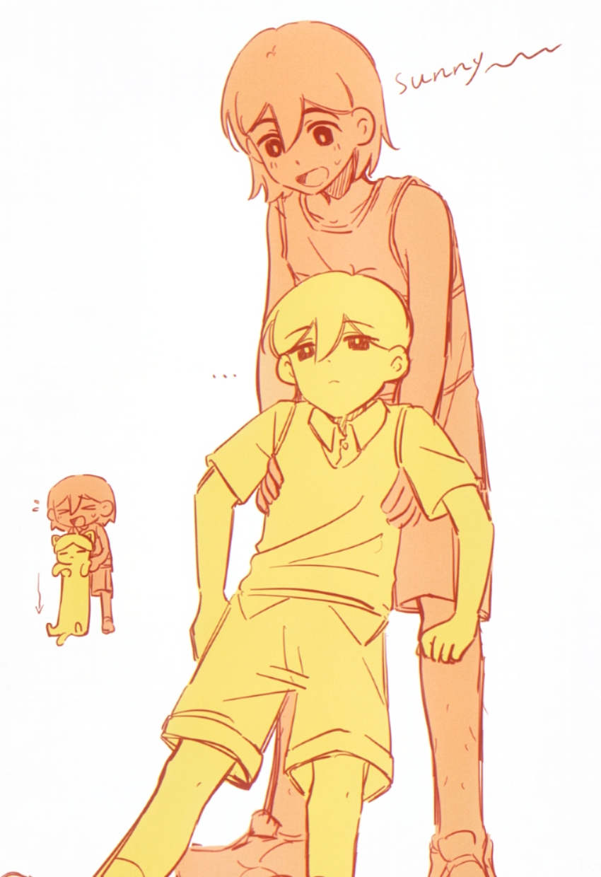 ... 2boys bailan1130 blush bright_pupils character_name chibi collarbone collared_shirt highres kel_(faraway)_(omori) kel_(omori) limited_palette longcat_(meme) male_focus meme multiple_boys omori open_mouth shirt shoes short_hair short_sleeves shorts simple_background smile sneakers socks sunny_(omori) sweatdrop sweater_vest white_background