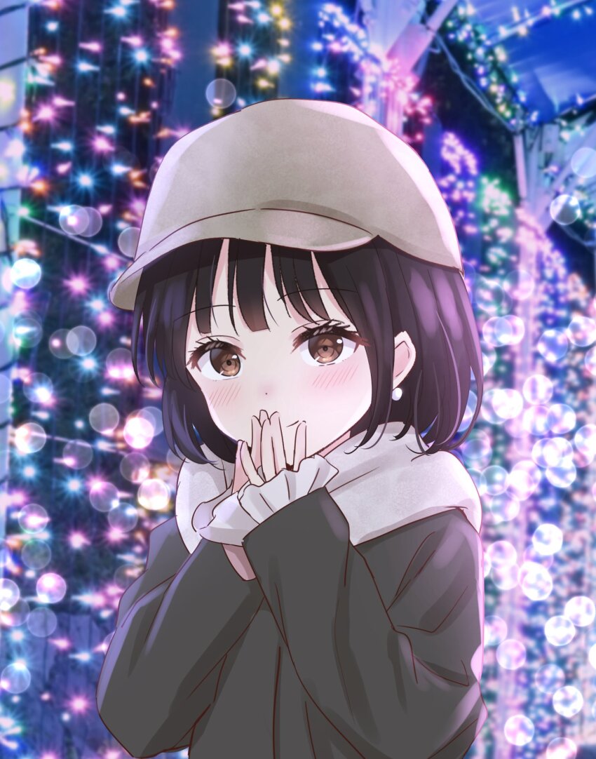 1girl alt_text animification baseball_cap black_coat black_hair blurry blurry_background blush bokeh brown_eyes closed_mouth coat commentary_request depth_of_field hanazora_satsuki hat highres long_sleeves looking_at_viewer medium_hair own_hands_together photo_background real_life sakurai_hina scarf sleeves_past_wrists smile solo split_mouth upper_body voice_actor white_hat white_scarf