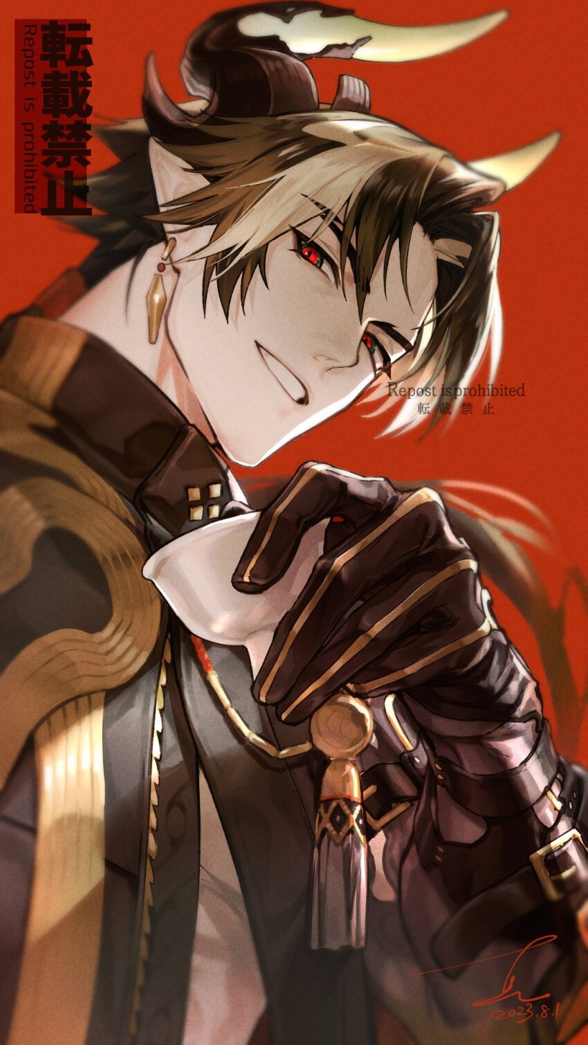 1boy arknights black_coat black_gloves black_hair chongyue_(arknights) coat cup dated dragon_boy dragon_horns gloves highres holding holding_cup horns jewelry looking_at_viewer male_focus multicolored_hair pointy_ears red_background red_eyes shin_(sinsin12121) signature simple_background solo tassel upper_body watermark white_hair