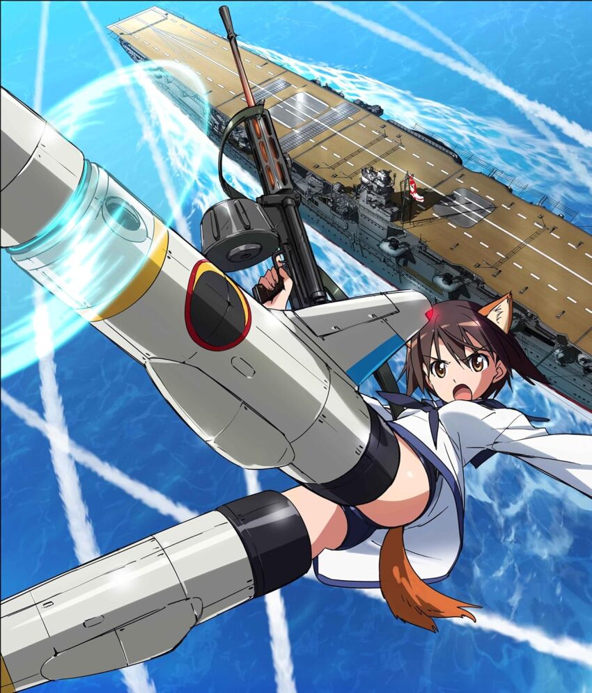 1girl aircraft_carrier angry animal_ears blue_one-piece_swimsuit blue_sailor_collar dog_ears dog_girl dog_tail flying gun highres holding holding_gun holding_weapon looking_at_viewer military_vehicle miyafuji_yoshika ocean official_art one-piece_swimsuit open_mouth outdoors rifle sailor_collar school_swimsuit school_uniform ship solo strike_witches striker_unit swimsuit swimsuit_under_clothes tail type_99_cannon warship watercraft weapon world_witches_series