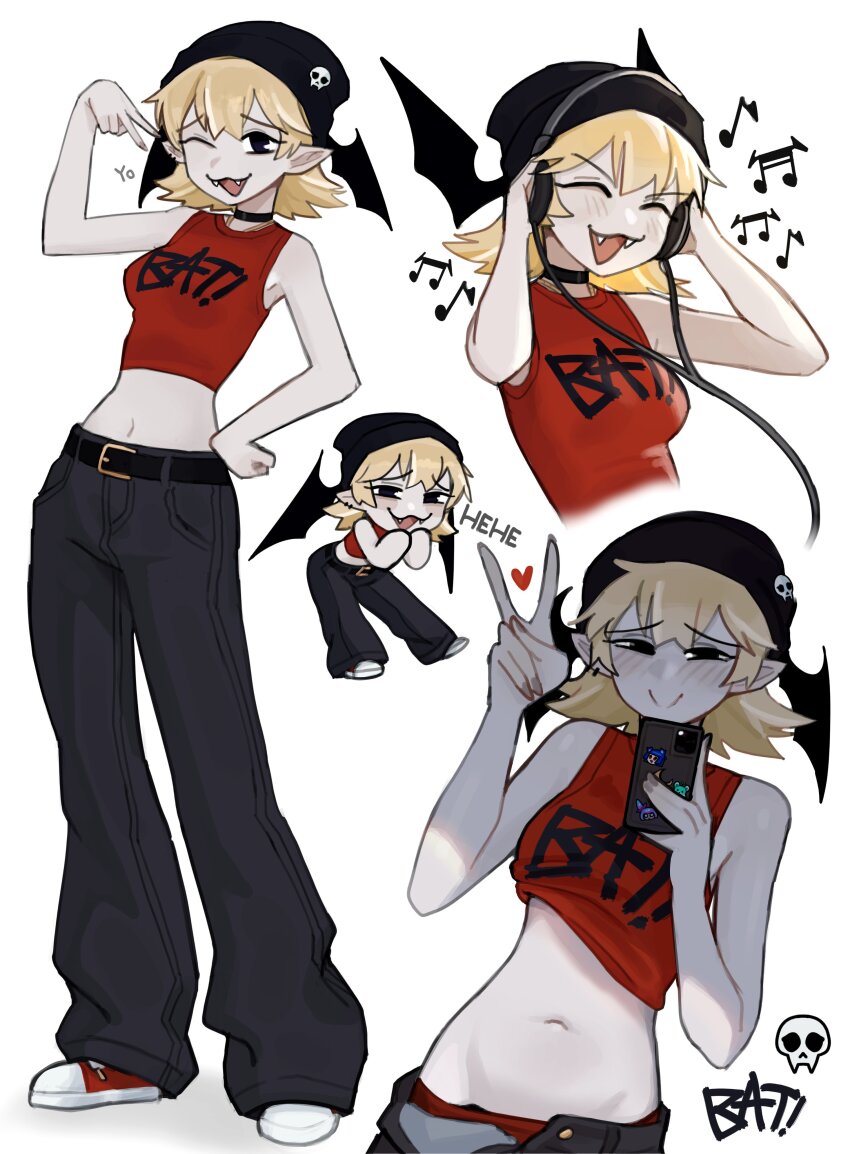 1girl absurdres bat_wings beanie belt black_choker black_eyes black_pants blonde_hair blush breasts choker clothes_writing colored_skin cropped_torso denim english_text fangs hat headphones heart highres jeans justadrian_(yoadriandk) midriff musical_note naughty_face navel original pale_skin panties pants phone red_panties red_shirt scarlett_(justadrian) shirt short_hair small_breasts underwear v vampire wings y2k_fashion