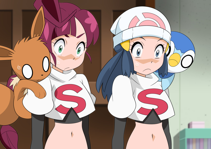 2girls absurdres beanie blank_eyes blurry chloe_(pokemon) closed_mouth commentary_request cosplay dawn_(pokemon) eevee elbow_gloves eyelashes frown gen_1_pokemon gen_4_pokemon gloves green_eyes hainchu hair_ornament hairclip hat highres indoors jacket jessie_(pokemon)_(cosplay) logo long_hair looking_down multiple_girls navel nintendo on_shoulder piplup pokemon pokemon_(anime) pokemon_(creature) pokemon_journeys pokemon_on_shoulder purple_hair revision shirt sidelocks sweatdrop team_rocket team_rocket_uniform upper_body white_hat white_jacket wide-eyed