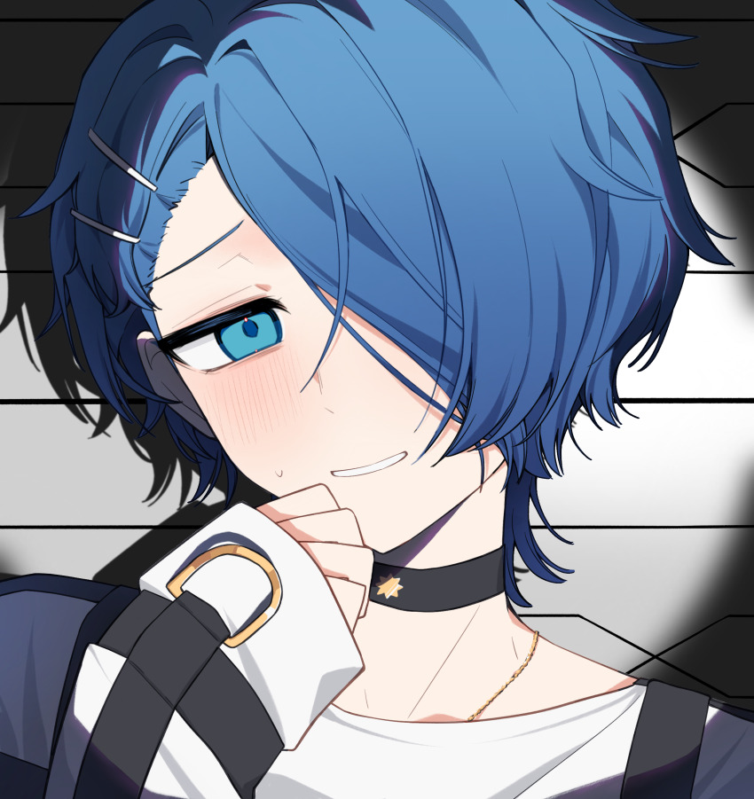 1boy absurdres blue_eyes blue_hair blush embarrassed grin hair_ornament hair_over_one_eye hairclip height_chart highres looking_at_viewer male_focus milgram mugshot portrait sakurai_haruka_(milgram) shadow short_hair smile solo spotlight sweatdrop yingwux1
