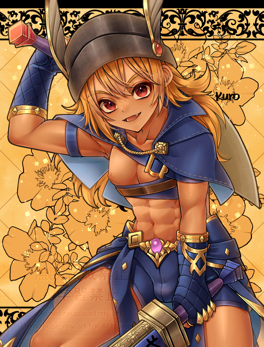 1boy :d abs absurdres arm_up armlet armor black_border blue_capelet blue_gloves blue_shorts border brown_hat bulge capelet commentary_request commission cowboy_shot dark-skinned_male dark_skin dragon_quest dragon_quest_x dual_wielding fang faulds fingerless_gloves flower gloves gold_trim hat hat_feather hero_(dq10) highres holding holding_sword holding_weapon jewelry kuro11_222 long_hair looking_at_viewer male_focus muscular muscular_male navel nipples open_mouth orange_hair red_eyes shorts skeb_commission smile solo sword weapon yellow_background yellow_flower