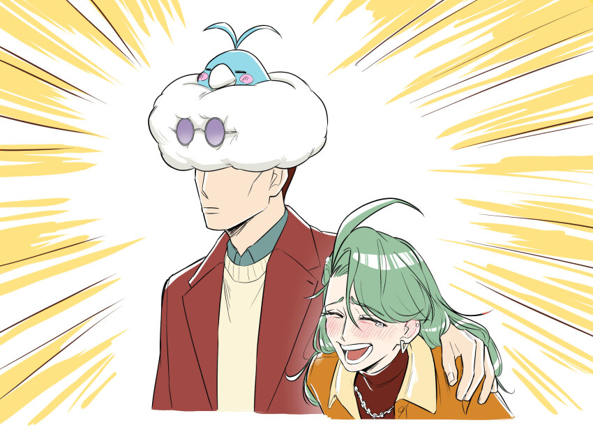 1boy 1girl arm_around_shoulder black_hair blush blush_stickers closed_eyes coat commentary_request ear_piercing earrings emphasis_lines gen_3_pokemon green_hair highres jacket jewelry larry_(pokemon) laughing nintendo on_head open_mouth orange_jacket piercing pokemon pokemon_(creature) pokemon_on_head pokemon_sv red_coat rika_(pokemon) smile suma3695 sunglasses swablu sweater tears turtleneck yellow_sweater