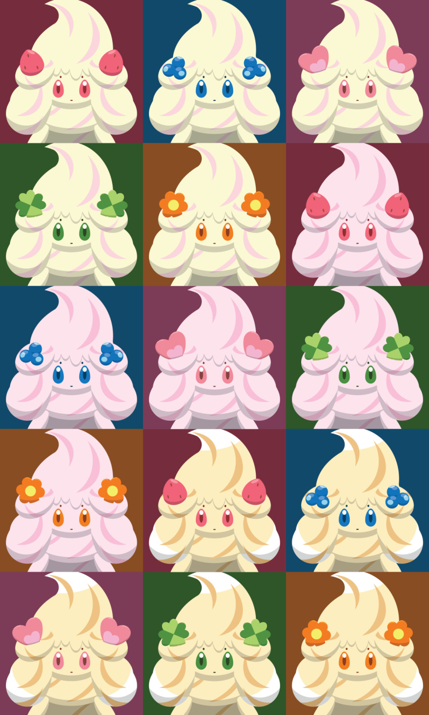 alcremie alcremie_(berry_sweet) alcremie_(caramel_swirl) alcremie_(clover_sweet) alcremie_(flower_sweet) alcremie_(love_sweet) alcremie_(ruby_cream) alcremie_(strawberry_sweet) alcremie_(vanilla_cream) blue_eyes creature expressionless flower food fruit gen_8_pokemon green_eyes heart highres looking_at_viewer multicolored_background nintendo no_humans orange_eyes pink_eyes pokemon pokemon_(creature) shawn_flowers strawberry
