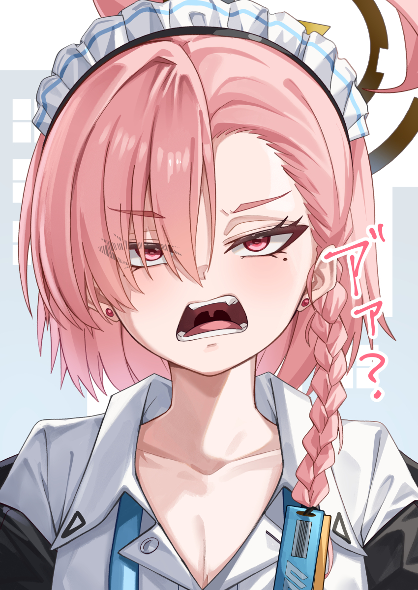 1girl absurdres ahoge angry blue_archive braid collarbone collared_shirt commentary dress_shirt earrings eyelashes eyes_visible_through_hair fang hair_between_eyes highres huge_ahoge jewelry light_blush looking_at_viewer mahoro_(minase_mahoro) maid maid_headdress medium_hair millennium_science_school_logo mole mole_under_each_eye mole_under_eye multiple_moles neru_(blue_archive) open_mouth orange_hair red_eyes shirt simple_background single_braid solo stud_earrings teeth tongue translated tsurime upper_body uvula v-shaped_eyebrows white_background white_shirt