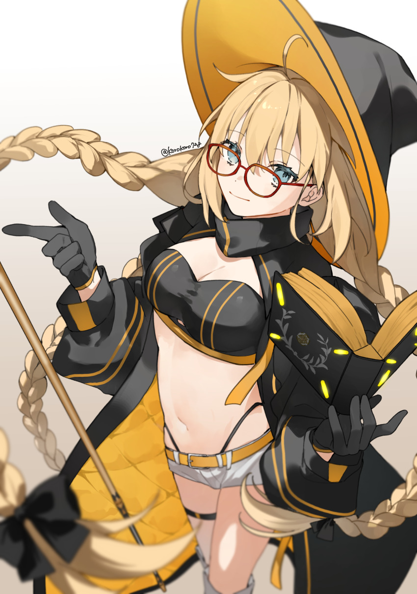 1girl absurdres aesc_(exhibition_attire)_(fate) aesc_(fate) aesc_(rain_witch)_(fate) black_gloves black_hat blonde_hair blue_eyes book braid fate/grand_order fate_(series) glasses gloves hat highres long_sleeves looking_at_viewer romo827 shorts smile solo