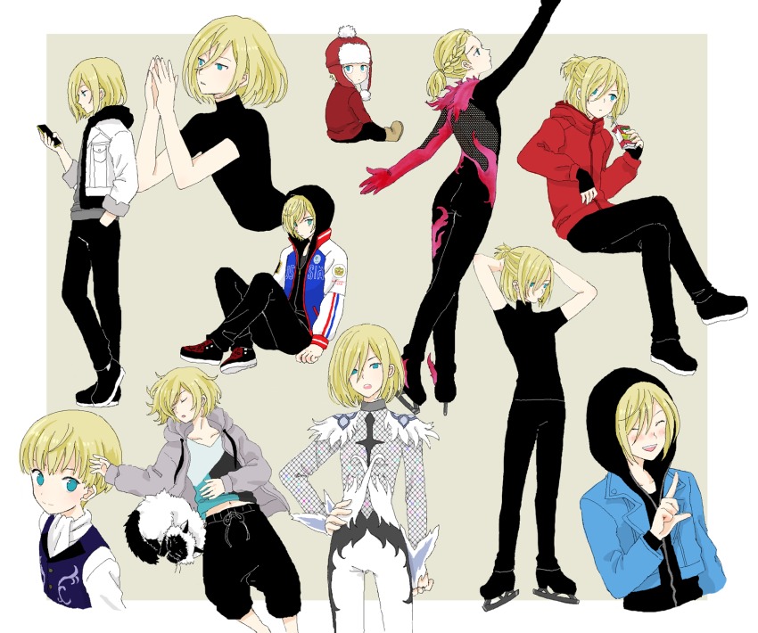 1boy ^_^ adjusting_hair blonde_hair bodysuit braid cat cellphone child closed_eyes closed_eyes green_eyes half_updo hand_on_own_hip haruyama_(255115) hat highres hood hoodie ice_skates juice_box lying male_focus multiple_persona on_back open_mouth own_hands_together phone ponytail puma_tiger_scorpion sitting skates sleeping smartphone smile aged_down yuri!!!_on_ice yuri_plisetsky