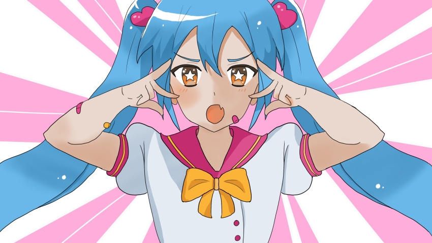 1girl aqua_hair aqua_nails bandaid black_sleeves blue_hair double_inward_v double_v fang grey_shirt hair_between_eyes hatsune_miku highres inward_v knightruisu long_hair looking_at_viewer m@gical_cure!_love_shot!_(vocaloid) meme miku_miku_beaaaam!!_(meme) open_mouth shirt skin_fang solo star-shaped_pupils star_(symbol) symbol-shaped_pupils twintails v v_over_eye vocaloid
