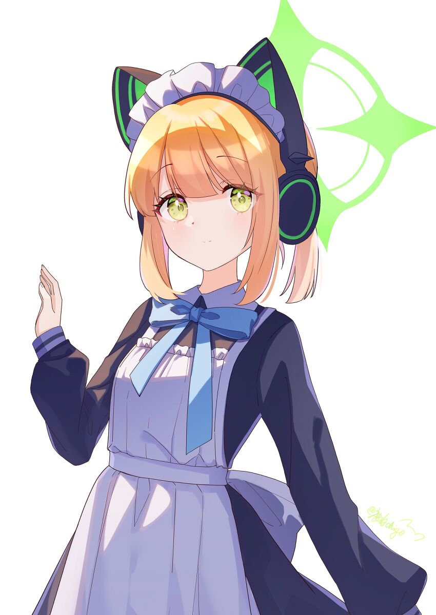 1girl absurdres animal_ear_headphones animal_ears apron artist_name blonde_hair blue_archive bow bowtie cat_ear_headphones chinese_commentary commentary_request dress fake_animal_ears green_eyes halo headphones highres light_smile long_sleeves looking_at_viewer low_ponytail maid maid_headdress midori_(blue_archive) midori_(maid)_(blue_archive) ponytail signature solo ximilulu