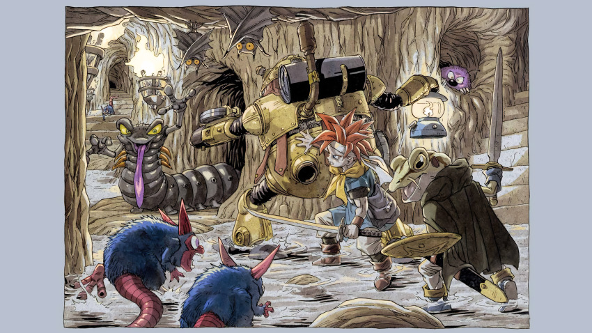 3boys absurdres bat_(animal) bug cape centipede chrono_trigger crono_(chrono_trigger) frog_(chrono_trigger) frog_boy green_cape highres holding holding_shield holding_sword holding_weapon indoors multiple_boys non-web_source official_art red_hair robo_(chrono_trigger) robot shield spiked_hair sword toriyama_akira weapon